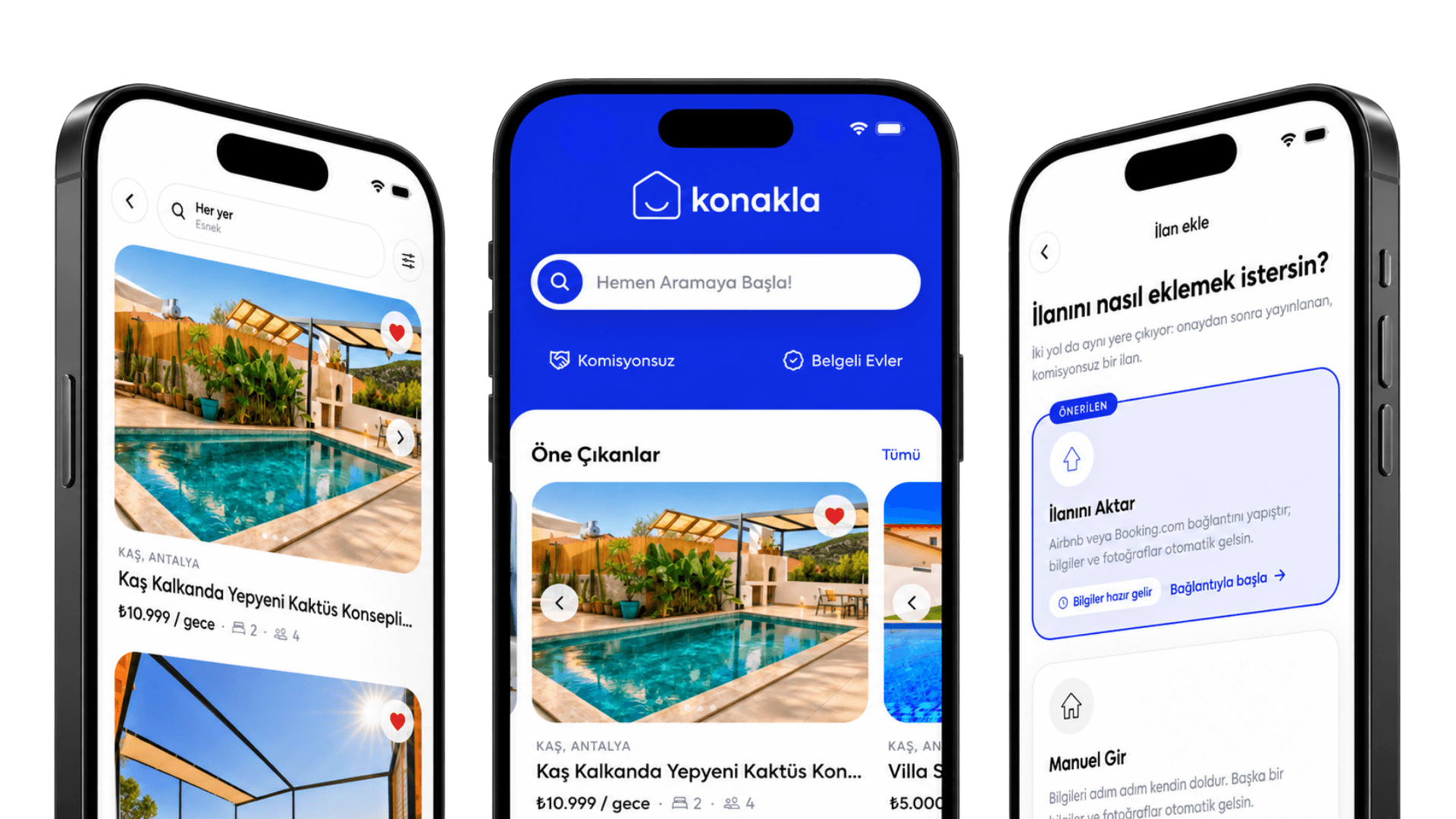 konakla mobil uygulaması: ilan listesi, ana sayfa ve ilan ekleme ekranları